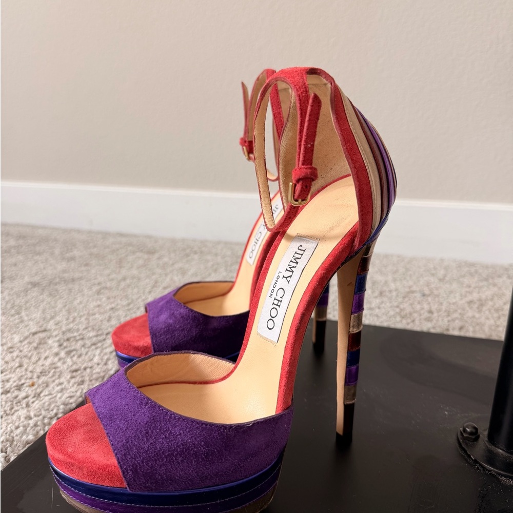 Jimmy Choo Max 150 Purple and Red Suede Platform Heels - Picture 5 of 7